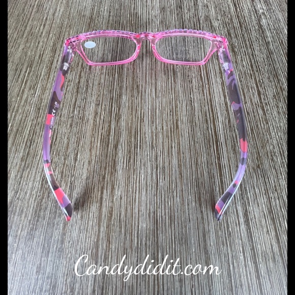 Translucent Pink Camo W/Orange Crystals Bling Reader Glasses With Case - Picture 9 of 10